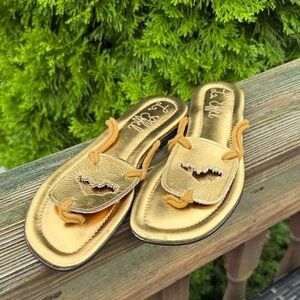 Gold Women's Slide Sandals flip flops L. Effel size 8 or 39EU